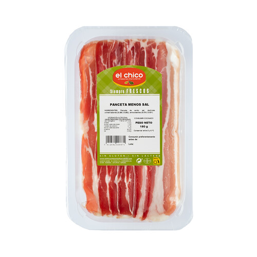 Alcampo EL CHICO Panceta con un 25% menos de sal cortada en finas lonchas 180 g