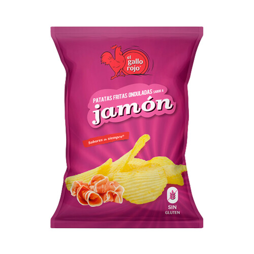Alcampo EL GALLO ROJO Patatas fritas onduladas con sabor a jamón EL GALLO ROJO bolsa de 140 g