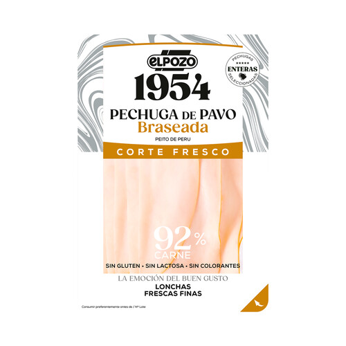 Alcampo EL POZO 1954 Corte fresco Pechuga de pavo braseada sin lactosa NI colorantes cortada en finas lonchas 120 g