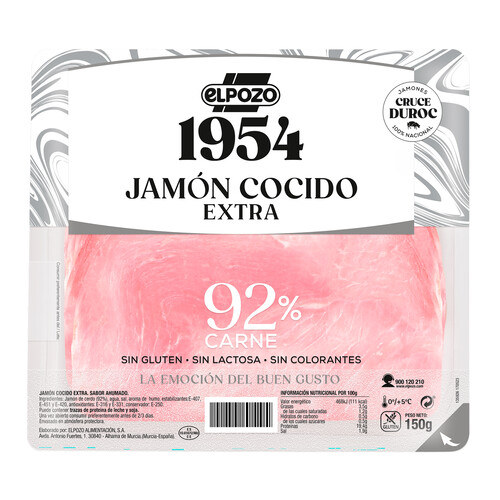 Alcampo EL POZO 1954 Jamón cocido de categoria extra sin lactosa ni colorantes cortado en lonchas 150 g