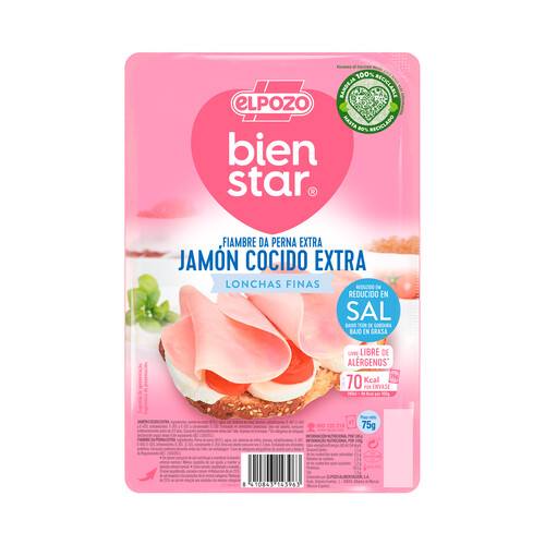 Alcampo EL POZO Bienstar Jamón cocido extra con contenido reducido en sal y contado en finas lonchas 65 g