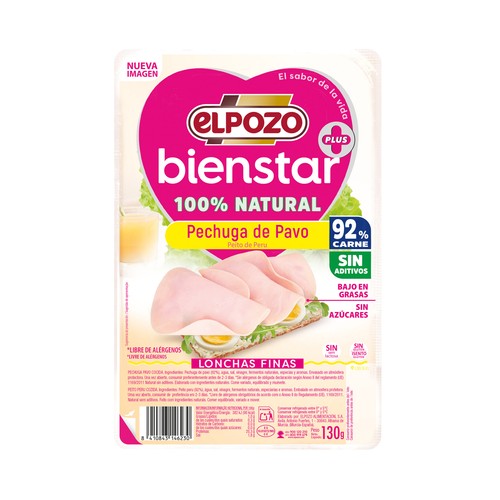 Alcampo EL POZO Bienstar Pechuga de pavo 100% natural cortada en finas lonchas 130 g