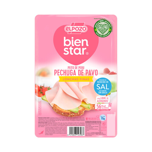 Alcampo EL POZO Bienstar Pechuga de pavo con contenido reducido en sal cortada en finas lonchas 65 g