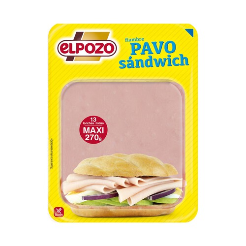 Alcampo EL POZO Fiambre de pavo lonchas especiales para sándwich elaborado sin gluten EL POZO 270 g