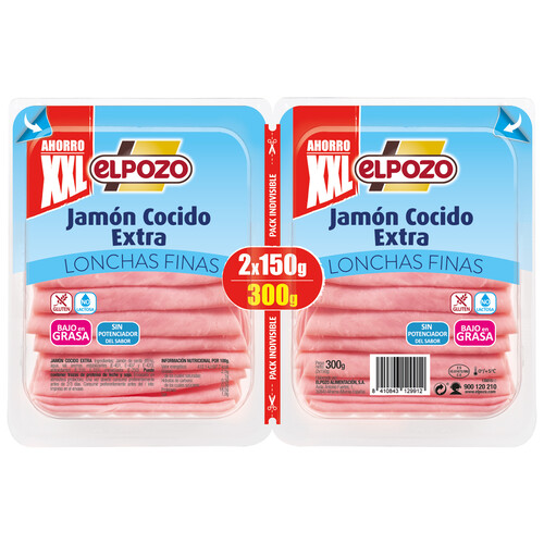 Alcampo EL POZO Jamón cocido extra cortado en lonchas finas EL POZO 2 x 150 g