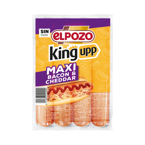 Alcampo EL POZO Maxi king upp Salchichas cocidas de cerdo y pavo con bacon y queso cheddar fundido 330 g