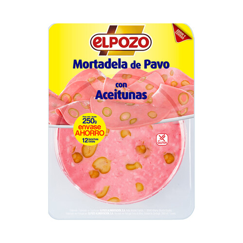 Alcampo EL POZO Mortadela de pavo con aceitunas sin gluten y cortada en finas lonchas EL POZO 250 g