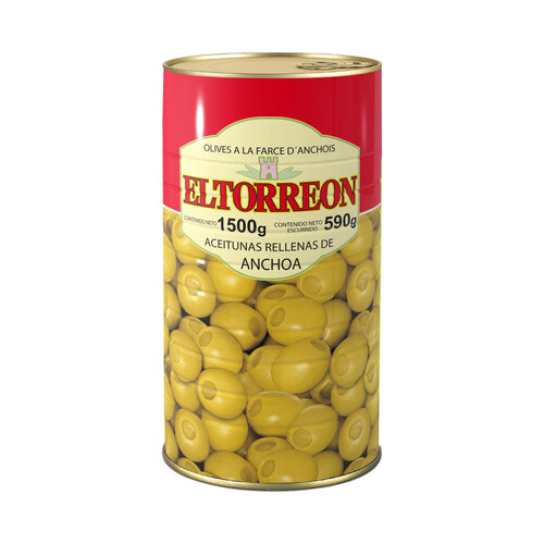 Alcampo EL TORREON Aceitunas verdes manzanilla rellenas de anchoa EL TORREON lata de 590 g