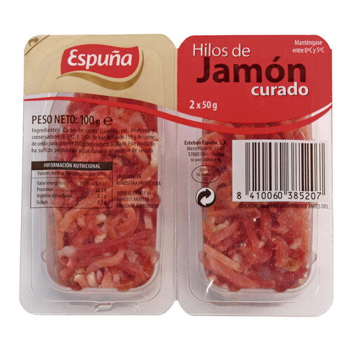 Alcampo ESPUÑA Jamón curado cortado en hilos y elaborado sin gluten ESPUÑA 2 x 50 g