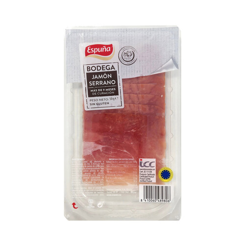 Alcampo ESPUÑA Jamón serrano de bodega curado más de 9 meses cortado en lonchas 50 g