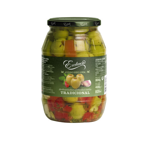 Alcampo EXCELENCIA Aceitunas verdes gordal aliñadas sin hueso EXCELENCIA frasco de 400 g