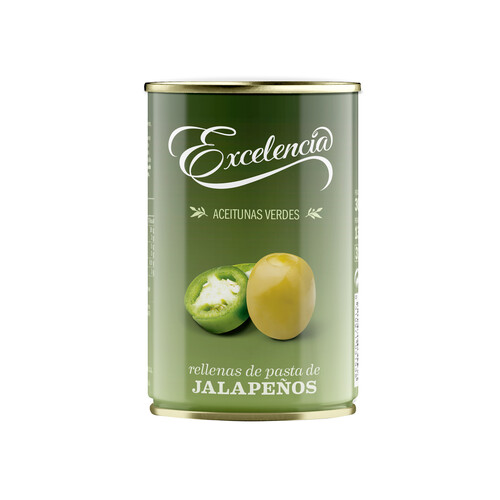Alcampo EXCELENCIA Aceitunas verdes manzanilla rellenas de jalapeño EXCELENCIA lata de 130 g
