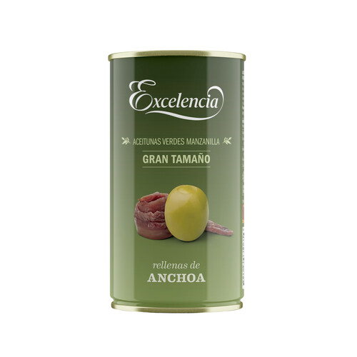 Alcampo EXCELENCIA Aceitunas verdes manzanilla rellenas de anchoa EXCELENCIA lata de 150 g