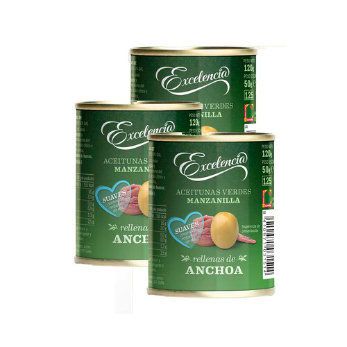 Alcampo EXCELENCIA Aceitunas verdes rellena de anchoa suave EXCELENCIA 3 uds x 50 g