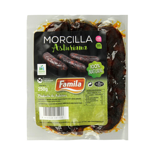 Alcampo FAMILIA Morcilla ahumada asturiana elaborada con ingredientes 100% naturales sin gluten y sin lactosa FAMILIA 250 g