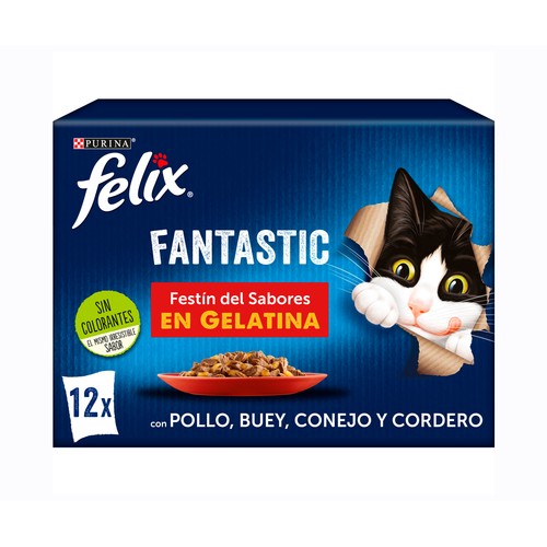 Alcampo FELIX Comida para gatos adultos a base de pollo buey conejo y cordero en gelatina FELIX 12 uds. x 85 g