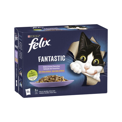 Alcampo FELIX Comida para gatos húmeda tiernos trocitos en gelatina FELIX FANTASTIC 12 uds. x 85 g