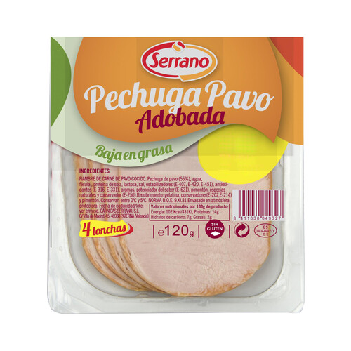 Alcampo Fiambre de carne de pavo cocido y adobado elaborado sin gluten listo para sarten SERRANO 120 g