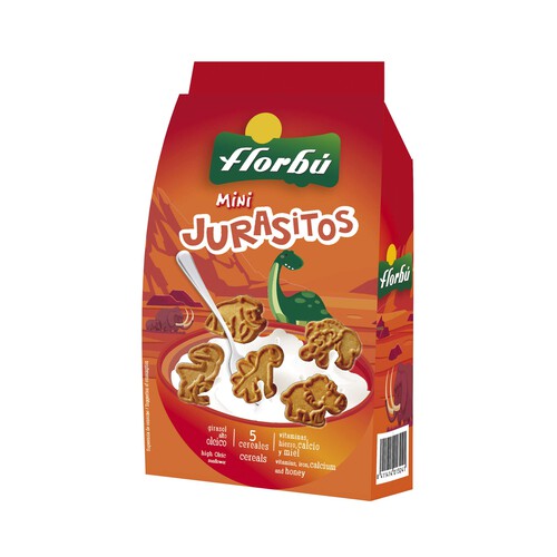 Alcampo FLORBÚ Mini Jurasitos Gallesauros Galletas 5 cereales y miel 400 g