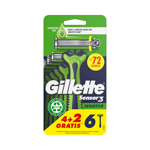 Alcampo GILLETTE Sensor 3 sensitive Maquinilla de afeitar desehable con cabezal pivotante y flexible de 3 hojas 6 uds