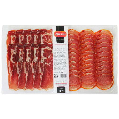 Alcampo IGLESIAS Paleta de cebo ibérica (50% raza ibérica) y lomo de cebo ibérico (50% raza ibérica) IGLESIAS 250 g