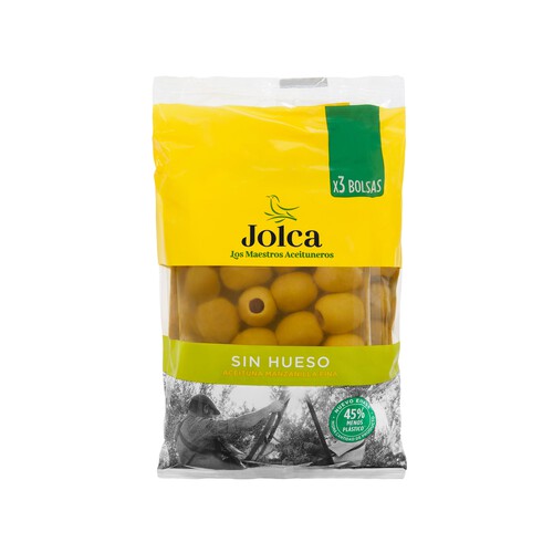 Alcampo JOLCA Aceitunas verdes manzanilla fina sin hueso JOLCA bolsa de 3 uds x 50 g
