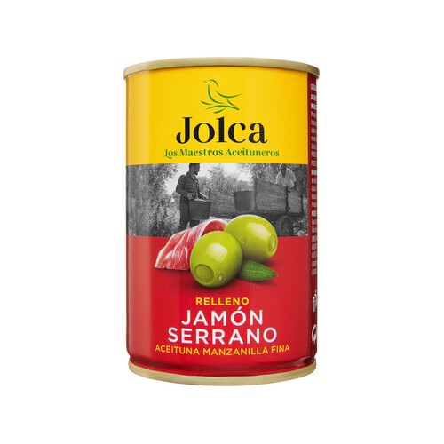 Alcampo JOLCA Aceitunas verdes manzanilla rellenas de jamón serrano JOLCA lata de 130 g