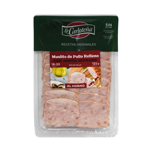 Alcampo LA CARLOTEÑA Muslitos de pollo asado relleno con jamón serrano cortado en lonchas LA CARLOTEÑA 125 g