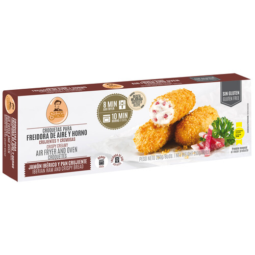 Alcampo LA COCINA DE SENÉN Croquetas congeladas para horno y air fryer de jamón ibérico empanadas en pan crujiente 8 uds
