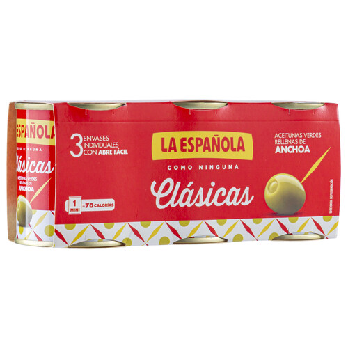 Alcampo LA ESPAÑOLA Aceitunas verdes rellenas de anchoa LA ESPAÑOLA Clásicas pack de 3 latas de 50 g