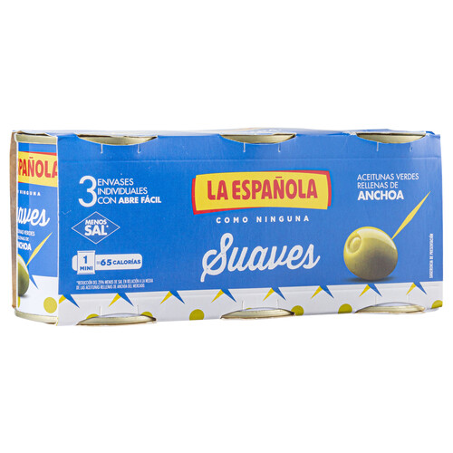 Alcampo LA ESPAÑOLA Aceitunas verdes rellenas de anchoas LA ESPAÑOLA Suaves pack de 3 latas de 50 g