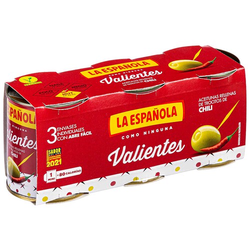 Alcampo LA ESPAÑOLA Aceitunas verdes rellenas de pimiento LA ESPAÑOLA Valientes pack 3 latas de 50 g