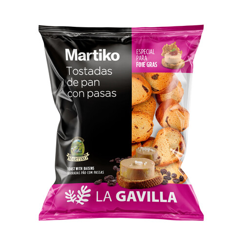 Alcampo LA GAVILLA de Martiko Mini tostadas de pan con pasas especiales para foie 100 g