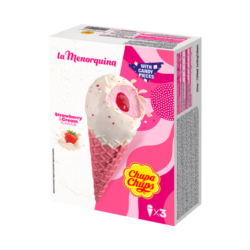Alcampo LA MENORQUINA Chupa chups conos de helado de crema de fresa con trocitos de caramelo 3 x 120 ml