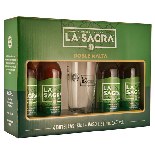 Alcampo LA SAGRA Doble Malta Pack De Cerveza Extra 4 Uds 33 Cl. + Vaso