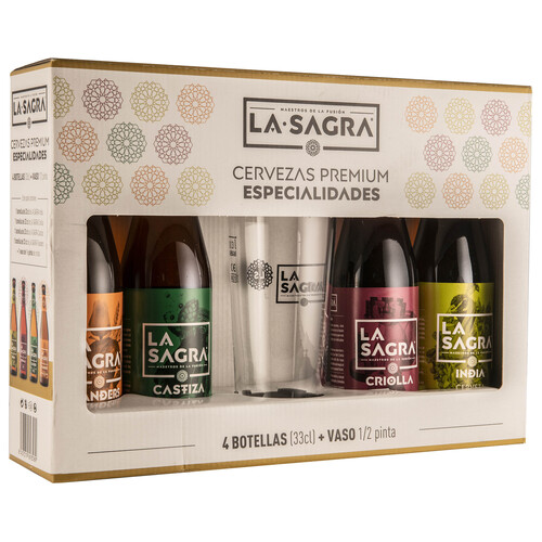 Alcampo LA SAGRA Especialidades pack de cerveza con vaso incluido 4 botellas de 33 cl