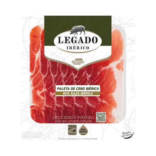 Alcampo LEGADO IBÉRICO Paleta de cebo ibérico (50% raza ibérica) cortada en lonchas finas con separador LEGADO IBÉRICO de El Pozo 70 g