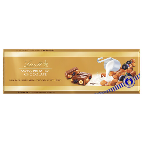 Alcampo LINDT Chocolate suizo de leche con uvas pasas y avellanas enteras 300 g
