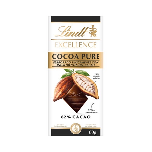 Alcampo LINDT Excellence Chocolate negro 82% de cacao elaborado únicamente con ingredientes del cacao 80 g