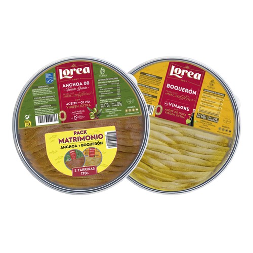Alcampo LOREA Matrimonio en aceite de oliva virgen extra anchoas del cantábrico y boquerones LOREA 2 x 125 gr