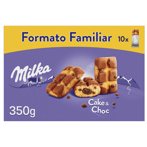 Alcampo MILKA Cake&choc Bizcochitos con pepitas de chocolate con leche rellenos de chocolate 350 g