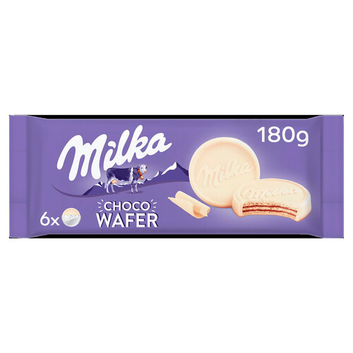 Alcampo MILKA Chocowafer galletas barquillo rellenas de cacao y cubiertas de chocolate blanco de los Alpes paquete 180 g