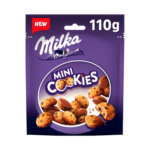 Alcampo MILKA Galletas mini cookies con Pepitas de Chocolate con Leche y Cubiertas con Chocolate con Leche de los Alpes bolsa 110 g