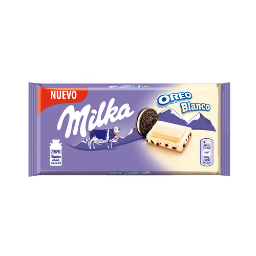 Alcampo MILKA OREO BLANCO.Chocolate blanco con relleno sabor vainilla y trozos de galleta con cacao 100 g
