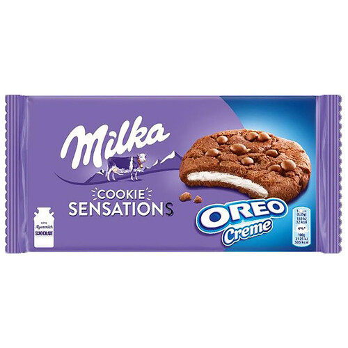 Alcampo MILKA Oreo sensations Galletas cookies de chocolate Milka rellenas de crea de Oreo 156 g