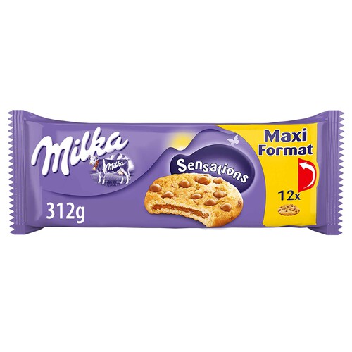 Alcampo MILKA Sensations galleta con Pepitas de Chocolate y Relleno de Chocolate con Leche de los Alpes paquete 300 g