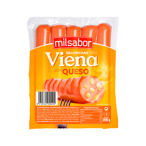 Alcampo MILSABOR Salchichas cocidas mixtas (pavo pollo y cerdo) con queso tipo Viena 200 g