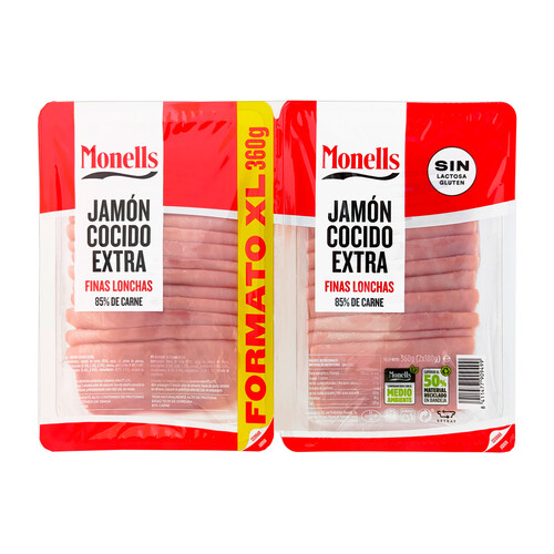 Alcampo MONELLS Jamón cocido de categoria extra cortado en finas lonchas MONELLS 2 x 180 g