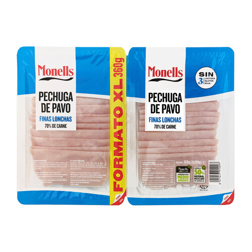 Alcampo MONELLS Pechuga de pavo cocida sin gluten y cortada en finas lonchas MONELLS 2 x 180 g