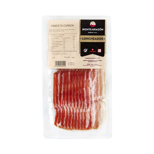 Alcampo MONTE ARAGÓN Panceta curada cortada en finas lonchas y envasada al vacio MONTE ARAGÓN 100 g